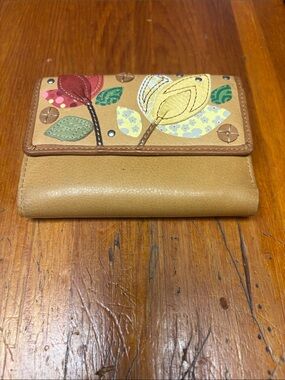 Fossil Tan Floral Appliqué Wallet with Multi-Color Leaf Accents
